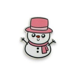 Ξύλινη εκτυπωμένη φιγούρα χιονάνθρωπος με ροζ καπέλο