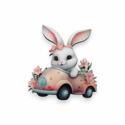 Ξύλινη εκτυπωμένη φιγούρα λαγουδάκι σε αμάξι Ξύλινη εκτυπωμένη φιγούρα λαγουδάκι σε αμάξι