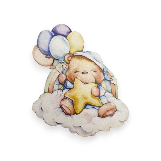 Ξύλινη εκτυπωμένη φιγούρα κοιμισμένο αρκουδάκι με μπαλόνια σε σύννεφο