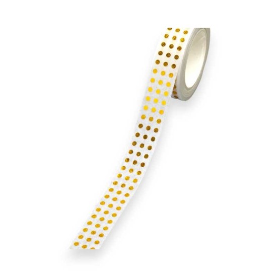 Αυτοκόλλητη κορδέλα  λευκή με χρυσό πουά 15mm - 10m.